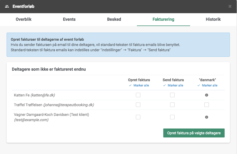 Faktura menu på Terapeut Booking