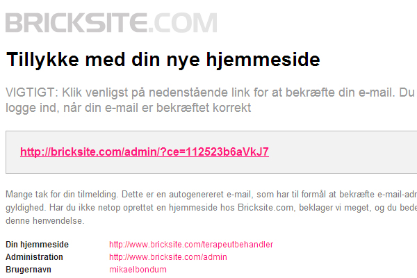 Bricksite hjemmeside med online Terapeut Booking