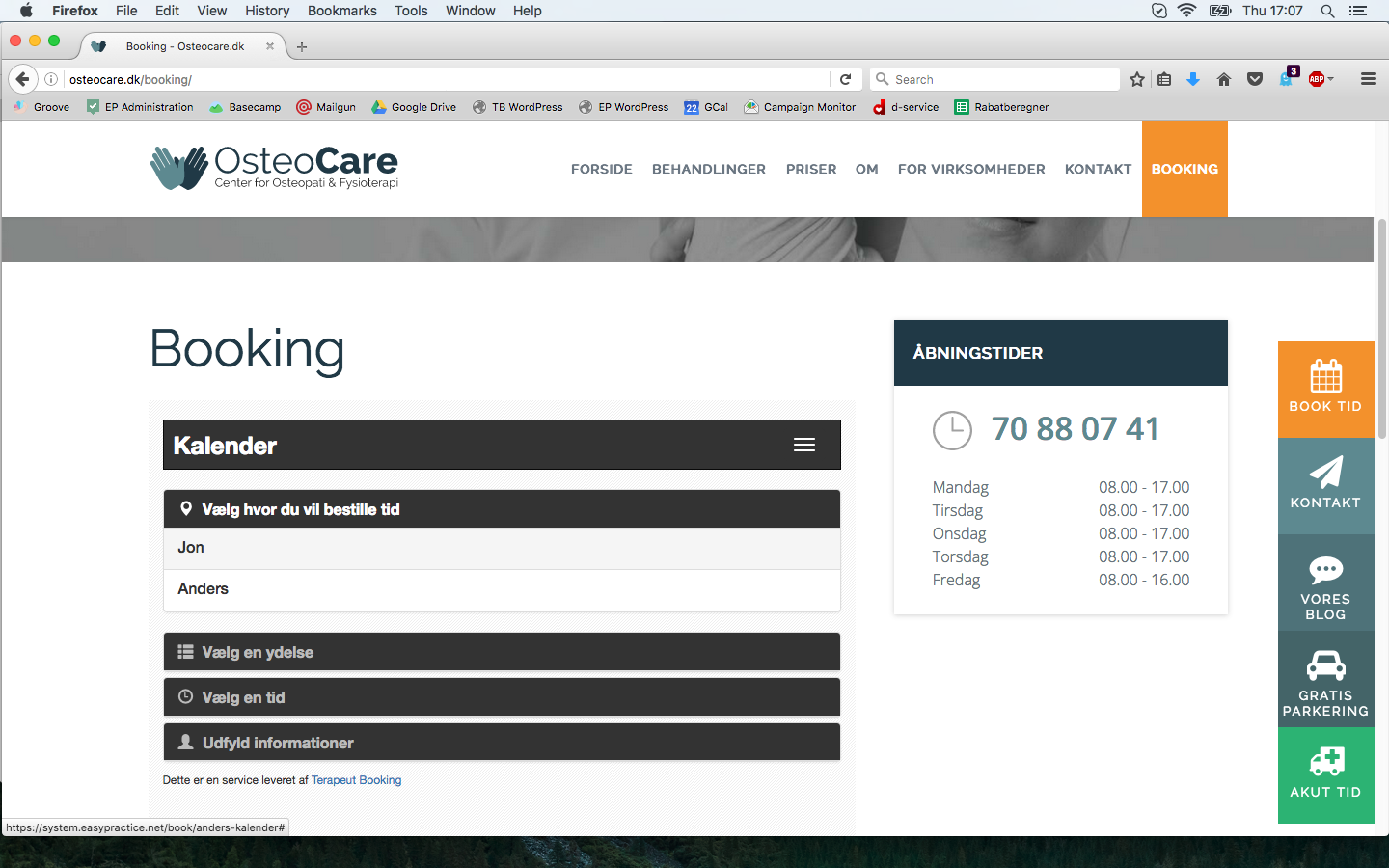 OsteoCare hjemmeside Terapeut Bookings iFrame