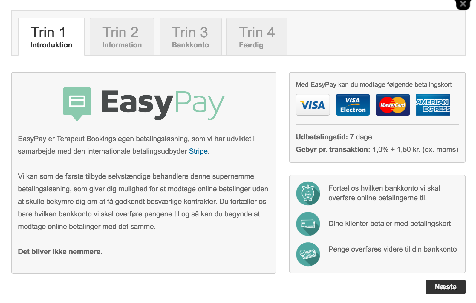EasyPay menu i Terapeut booking systemet