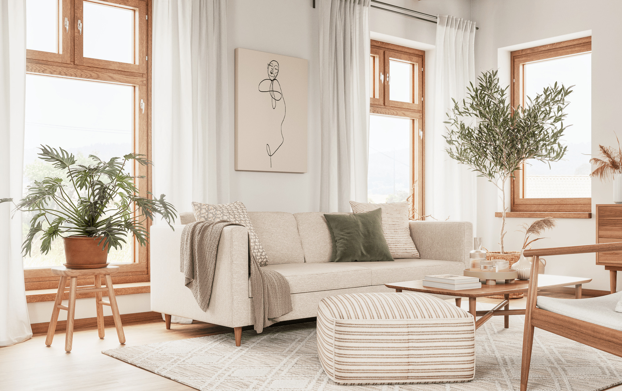 Komfortabelt sofaområde med puder og tæpper