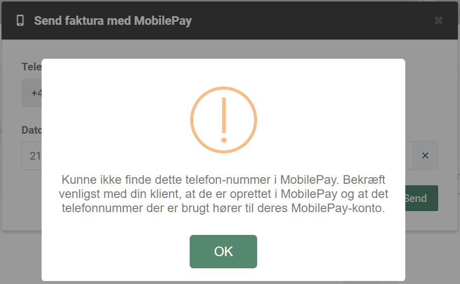 Intet mobilnummer fundet i MobilePay Invoice-app'en