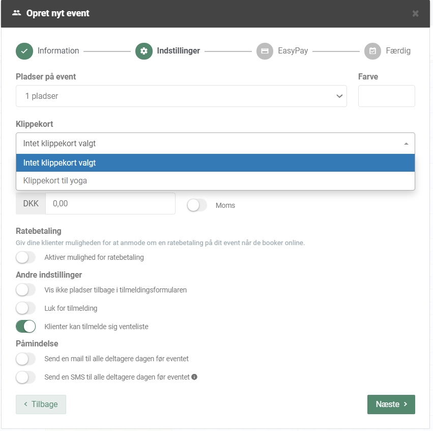 Oprettelse af klippekort til events